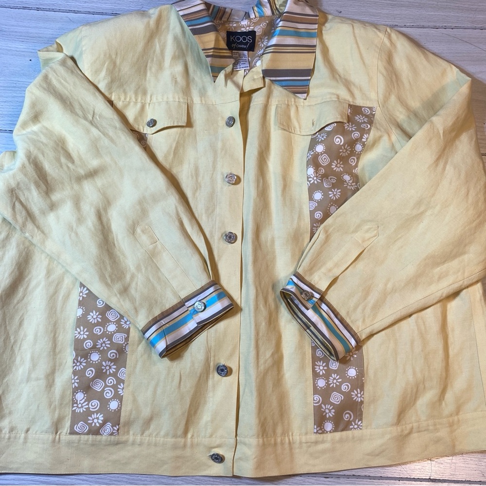 Koos of Course Silk Jacket Women’s 3X Butter Yellow PatternStriped Button-Up